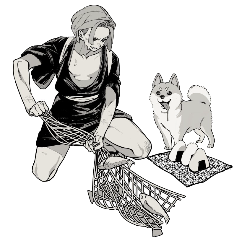 A fisherman kneeling with his net while Koro waits over a pair of rice balls