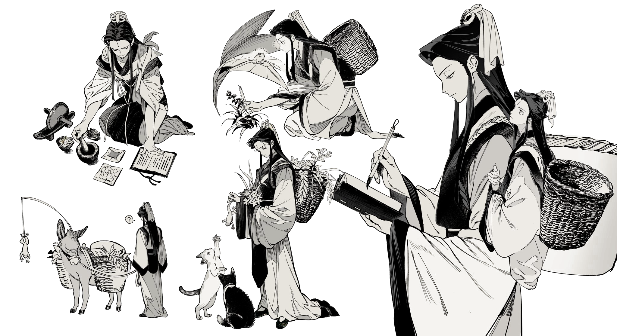 A second montage of ink studies — figures gathering plants and fish along the shore
