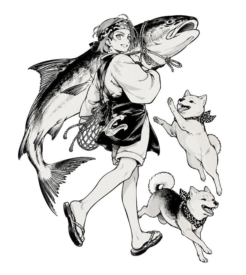 Koro carried over a shoulder beside a giant fish as two Shibas leap alongside