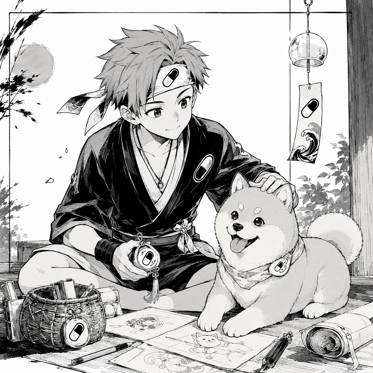A boy resting his hand on Koro as they sit together by a wind chime, drawings spread on the floor